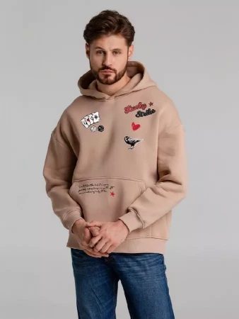Худи оверсайз с термонаклейками Lucky Strike, бежевое, размер ХL/ХХL