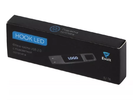 USB 2.0- флешка на 32 Гб c подсветкой логотипа Hook LED, темно-серый, синяя подсветка